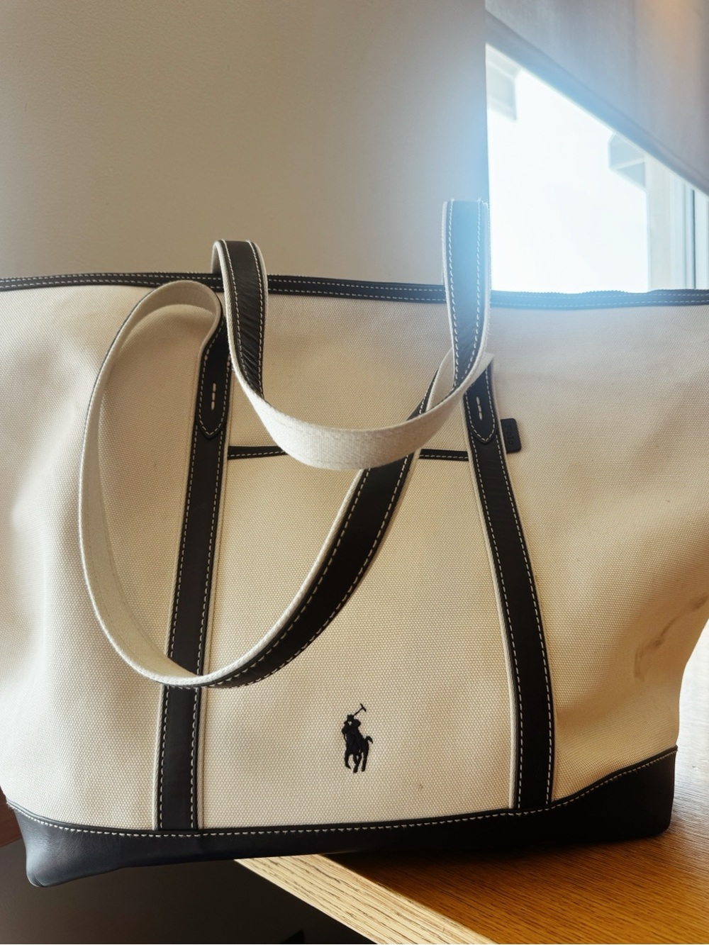 Ralph Lauren Cream Canvas Tote with Navy Leather Trim 2026
